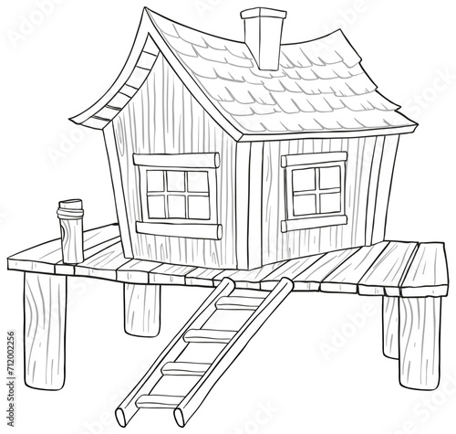 Sketch of a quaint cabin on stilts with ladder