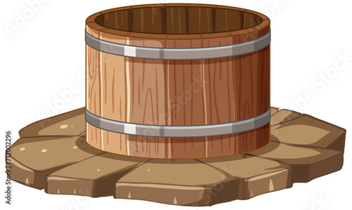 Cartoon illustration of a barrel on stone ground. photo