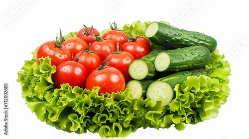 Ripe tomatoes and cucumbers in lettuce leaves isolated