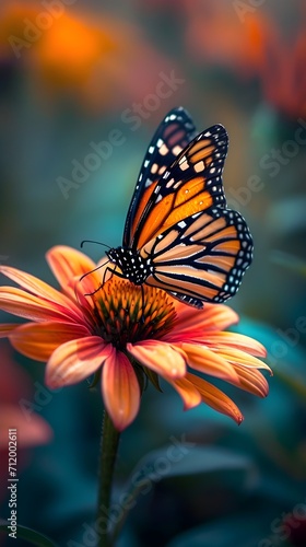 Butterfly resting on a vibrant flower  background image  generative AI