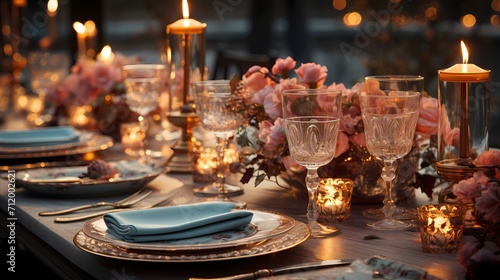A beautifully set dining table with elegant tableware  personalized place cards  and decorative centerpieces. The table is bathed in soft candlelight  creating a warm and inviting atmosphere