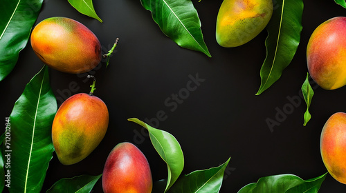Tropical mango fruits with green leaves on black background 