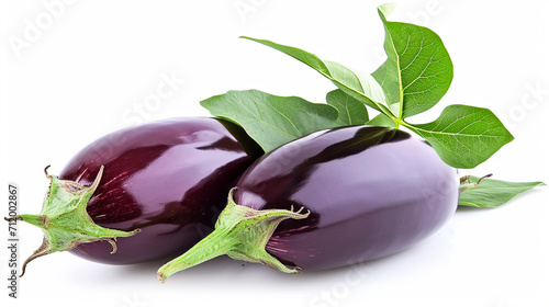 Two purple eggplants with green leaves on a white background