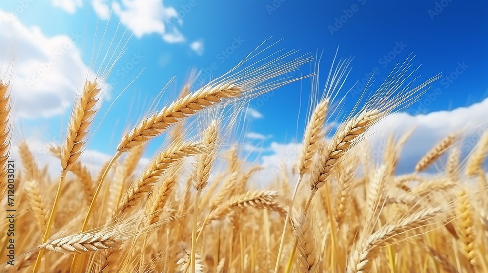 field of ripening wheat against the blue sky Spikelets of wheat with grain with clear blue sky field of ripening wheat against the blue sky Spikelets of wheat with grain with clear blue sky