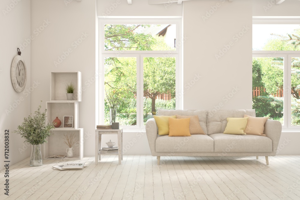 Fototapeta premium Bright interior design with modern furniture and summer landscape in window. 3D illustration