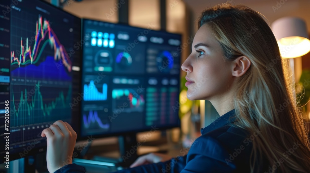 A smiling young businesswoman with glasses is sitting behind a desk looking at a monitor with a stock market graph monitoring market prices. widgets displaying the weather and the news daily schedule. A smiling young businesswoman with glasses is sitting behind a desk looking at a monitor with a stock market graph monitoring market prices. widgets displaying the weather and the news daily schedule.