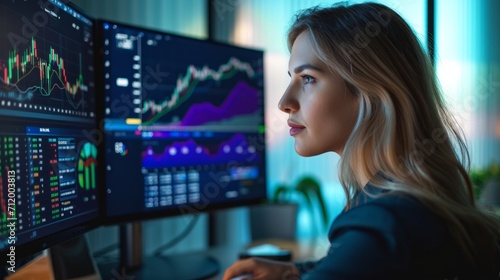 A smiling young businesswoman with glasses is sitting behind a desk looking at a monitor with a stock market graph monitoring market prices. widgets displaying the weather and the news daily schedule. photo