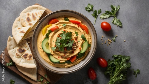 Bowl of Hummus with Fresh Vegetables and Pita Bread