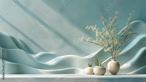 Serene Interior with Blossoming Branches and Wavy Walls