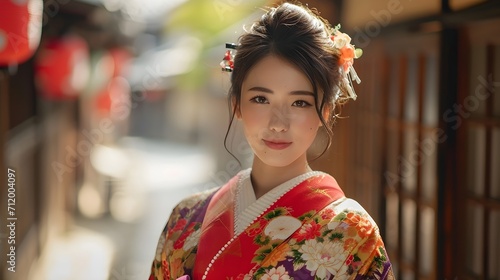 Portrait of young beautiful japanese female wearing traditional japanese clothes, generative AI