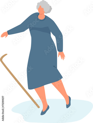 Elderly woman with a cane slipping on wet floor. Senior lady in a blue dress falling with fear, accident concept. Safety for seniors and preventing falls vector illustration.