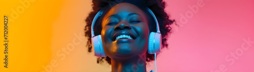 Portrait of a black middle-aged female smiling while wearing wireless headphones against colorful background, generative AI photo