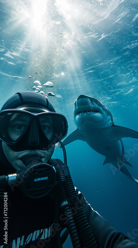 scuba diver taking a selfie, with a shark