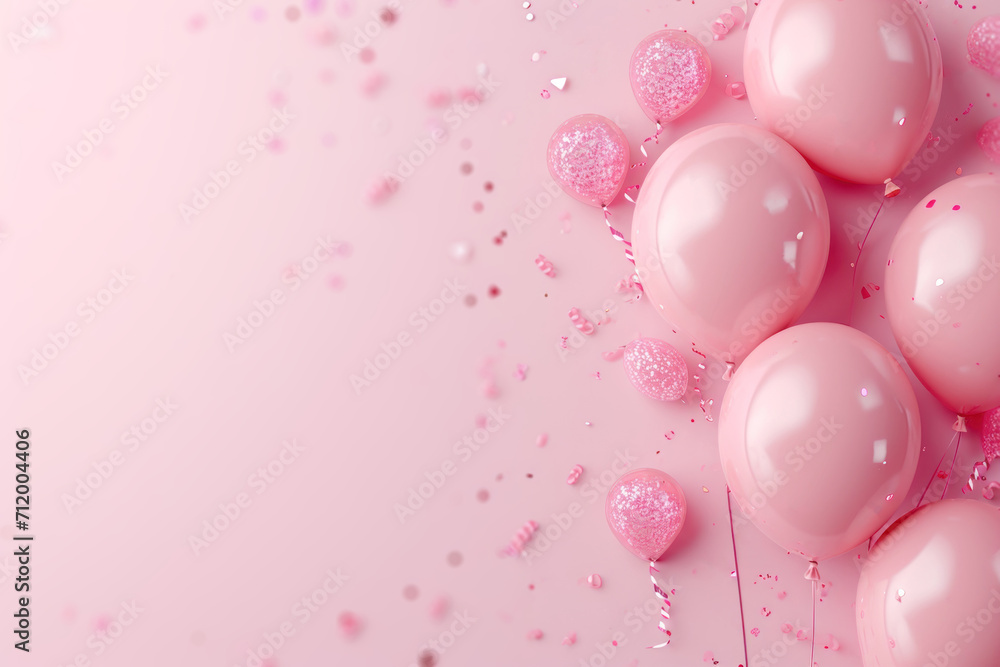 Pink balloons frame with copy space for text. Happy birtday anniversary celebration concept.