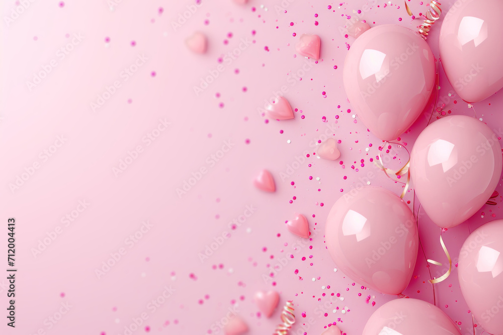 Pink balloons frame with copy space for text. Happy birtday anniversary celebration concept.