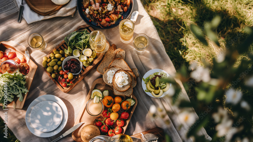 Picnic blanket with delicious food and wine in outdoor, top view