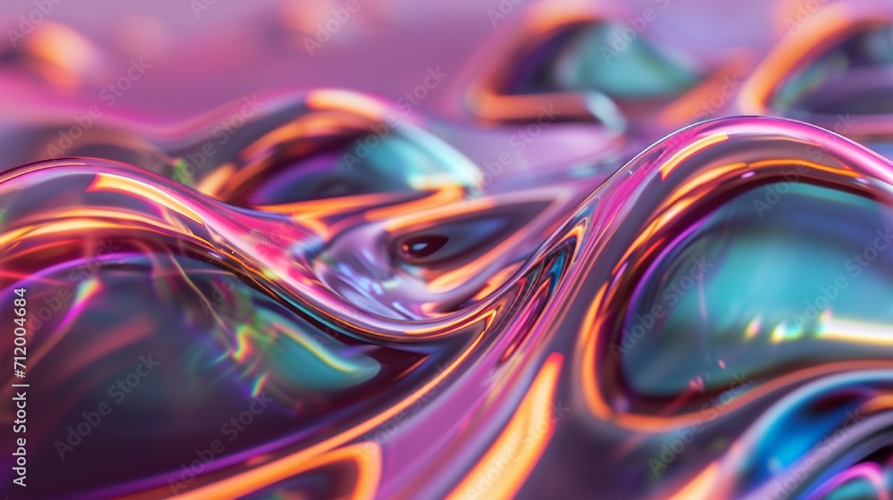 Abstract fluid 3D render holographic iridescent neon curved wave in motion grey background. Gradient design element for banners, backgrounds, wallpapers, and covers.