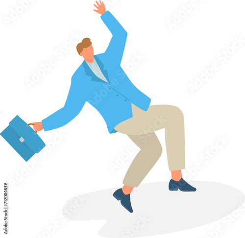 Caucasian businessman in blue jacket slipping. Young adult male falling with briefcase. Office accident concept vector illustration.