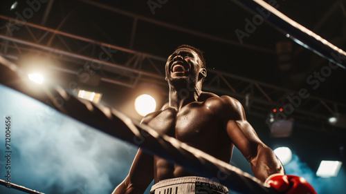 Portrait of a boxer celebrating his victory in the ring.