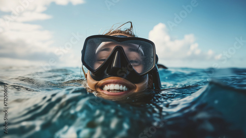 Close-up of a happy woman above the sea surface after diving photo