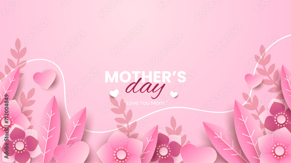Pink red and white happy mothers day background with flowers and hearts. Vector illustration. Happy mothers day event poster for greeting design template and mother's day celebration Pink red and white happy mothers day background with flowers and hearts. Vector illustration. Happy mothers day event poster for greeting design template and mother's day celebration