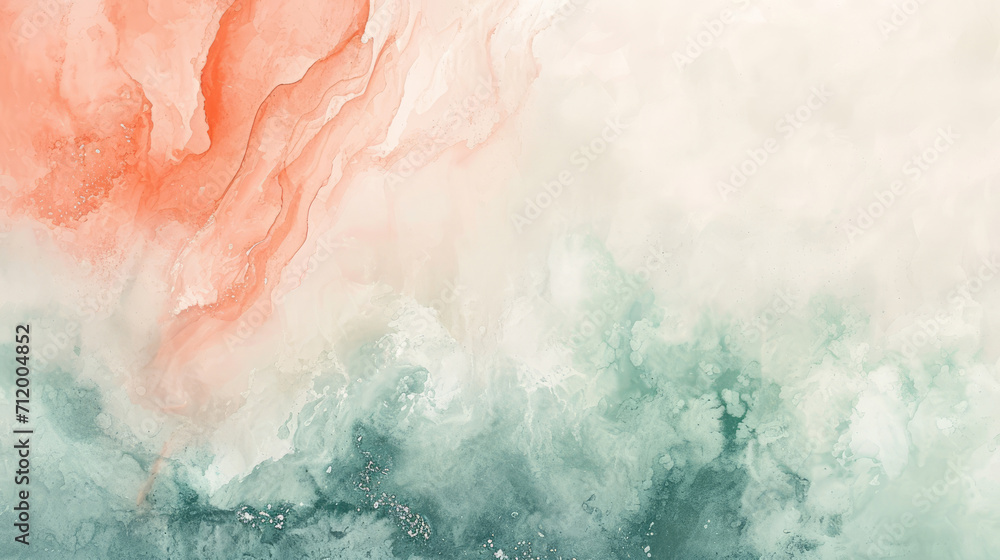 Abstract watercolor background on canvas with a dynamic mix of coral, mint green and ivory