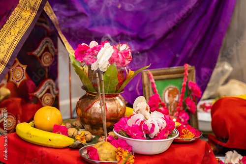 Indian Hindu wedding ceremony ritual items close up