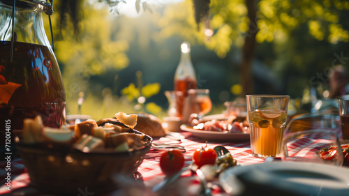 Picnic blanket with delicious food and wine in outdoor