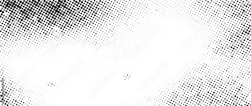 Naklejka premium Halftone noise texture. Grunge dirty speckles, spots, dots background. Black white grit sand grain wallpaper. Retro pixel comic textured backdrop. Vector gritty cartoon pop art halftone overlay
