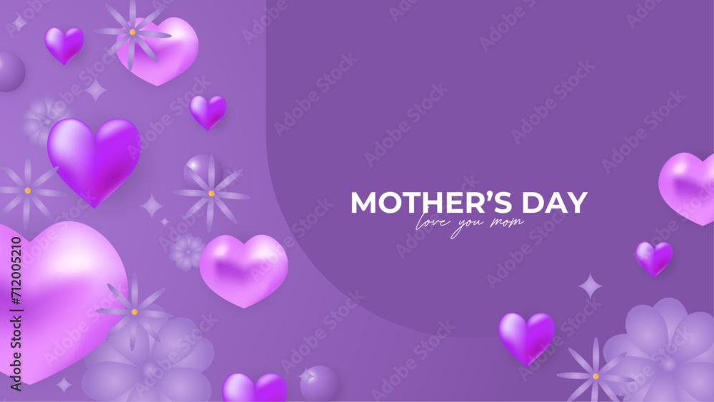 Purple violet happy mothers day background with flowers and hearts. Vector illustration. Happy mothers day event poster for greeting design template and mother's day celebration