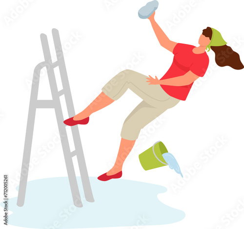 Woman slipping on wet floor while cleaning, has an accident falling off a ladder. Safety at home and accident prevention concept vector illustration.