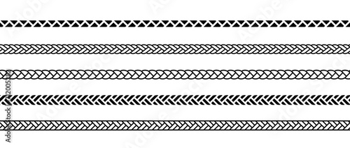Set of repeating ropes. Seamless hemp cord line collection. Black outline chain, braid, plait stripe bundle. Horizontal decorative braid pattern. Vector twine design elements for banner, poster, frame