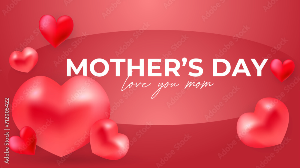 Red and pink happy mothers day background with flowers and hearts. Vector illustration. Happy mothers day event poster for greeting design template and mother's day celebration
