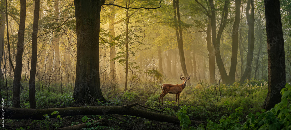 A deer in a green misty forest A deer in a green misty forest