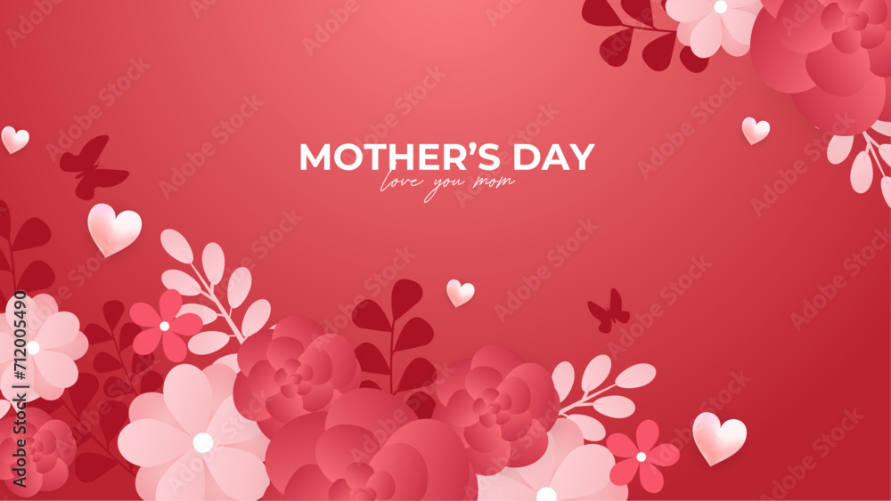 Pink red and white vector happy mothers day with love. Happy mothers day event poster for greeting design template and mother's day celebration
