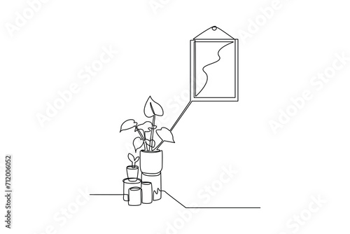 One continuous line drawing of Home interior design concept. Doodle vector illustration in simple linear style.