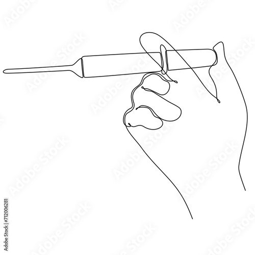 Syringe holding gloved hand, single line art, continuous drawing contour. Corona virus vaccination, health care injection, treatment, precautions. Medical concept, injection dose