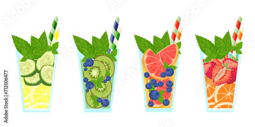 A set of fresh delicious cocktails, summer drinks of different flavors, with strawberries, oranges, mint, cucumbers, lemon, kiwi and blueberries. Vector image of seasonal summer refreshing freshes.