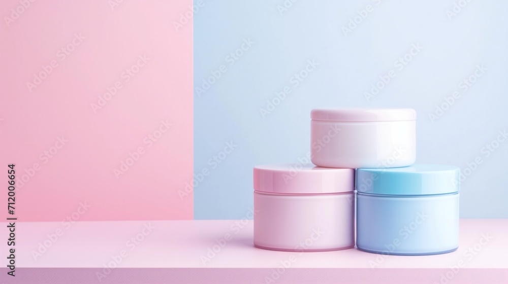 Delicate pale pink and blue cosmetics packaging container for skincare fragrance or toiletry industries on pastel background. Mockup for beauty product concept. Delicate pale pink and blue cosmetics packaging container for skincare fragrance or toiletry industries on pastel background. Mockup for beauty product concept.