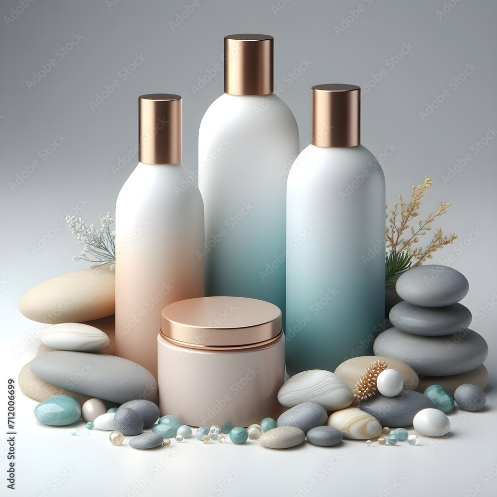 3d mockup of a plain skincare bottle with rocks 3d mockup of a plain skincare bottle with rocks