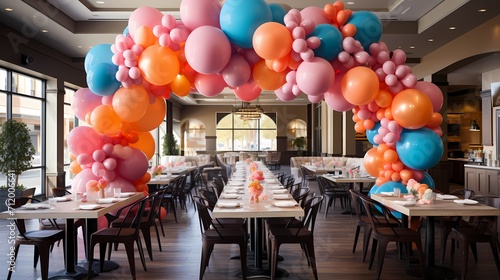 A colorful balloon arch decorates the party area, creating a cheerful backdrop. The table is adorned with party favors, plates, and napkins