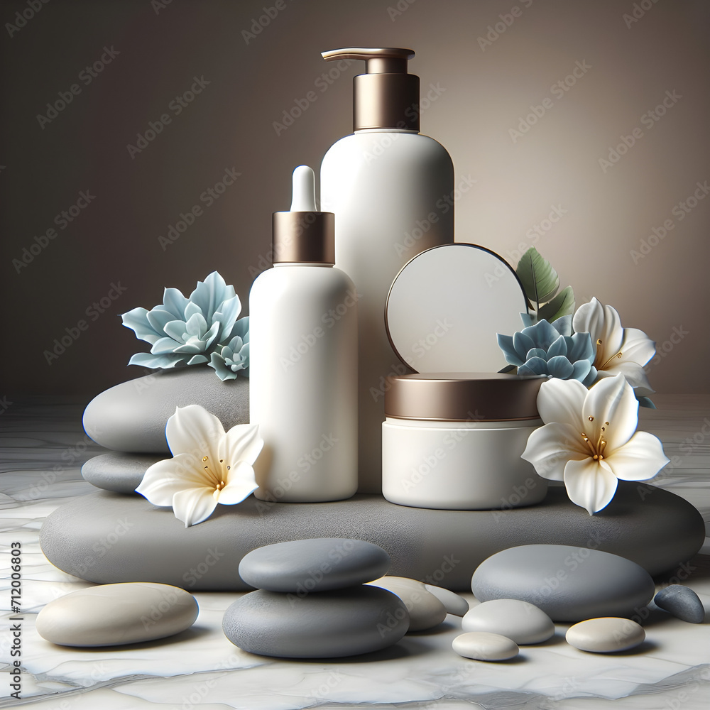 3d mockup of a plain skincare bottle with rocks 3d mockup of a plain skincare bottle with rocks