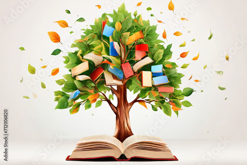 Celebrate International Literacy Day. A vibrant concept with a tree adorned with colorful books as leaves. Promote education, knowledge, and literacy on a white background.