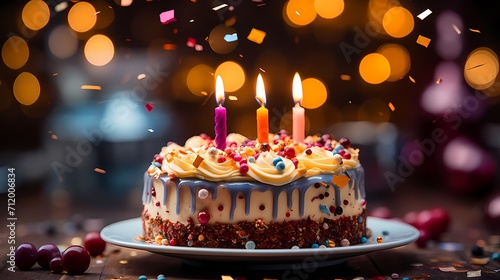 A colorful birthday cake with lit candles placed on a white tablecloth, surrounded by confetti and party decorations