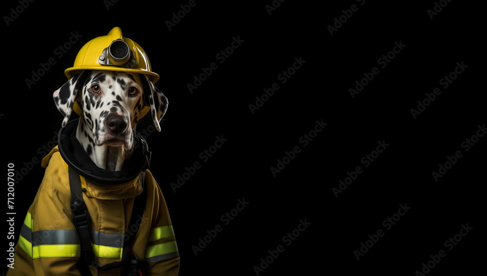 Dalmatian Dog Wearing Firefighter's Outfit Isolated on a Black Banner with Copy Space. Generative AI
