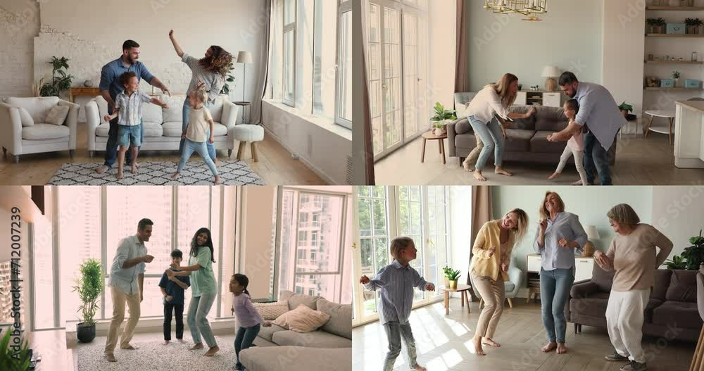 Different families having fun, spend carefree weekend at modern home, listening favourite song, moving, dancing to music feel overjoyed enjoy active leisure together in cozy living room, collage view Different families having fun, spend carefree weekend at modern home, listening favourite song, moving, dancing to music feel overjoyed enjoy active leisure together in cozy living room, collage view