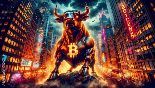 Bull market concept - portrait of bull with Bitcoin sign, bullish run photo