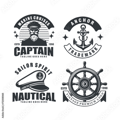 set nautical marine captain badges vintage monochrome logo vector illustration