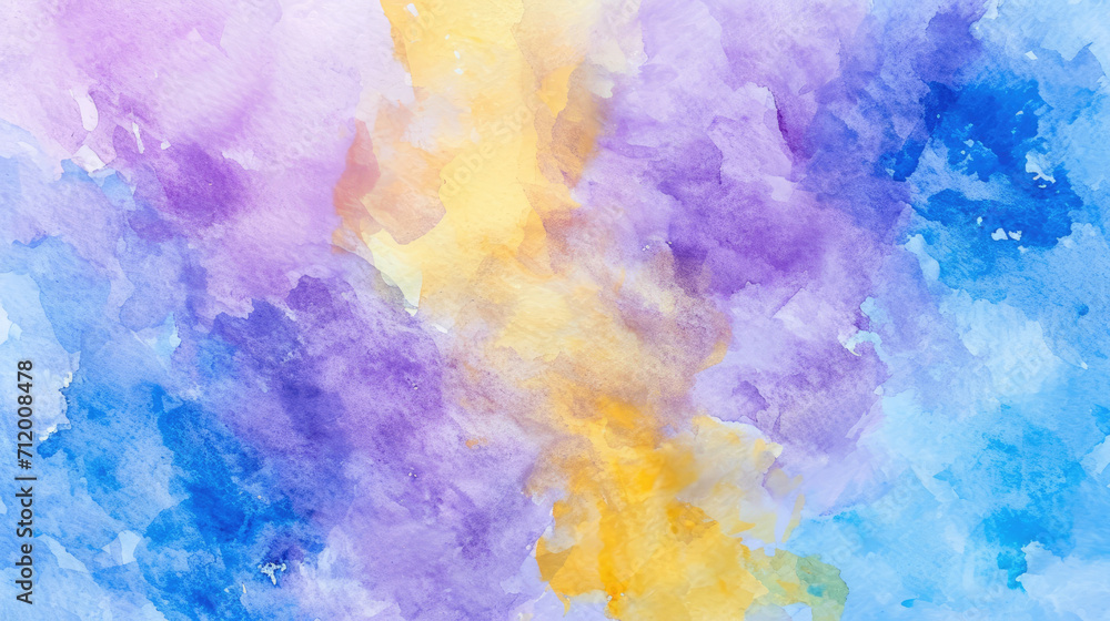Abstract watercolor background on canvas with a dynamic mix of lavender, lemon yellow and sky blue