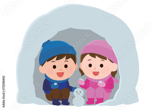 かまくらを作って雪遊びをする子ども　イラスト